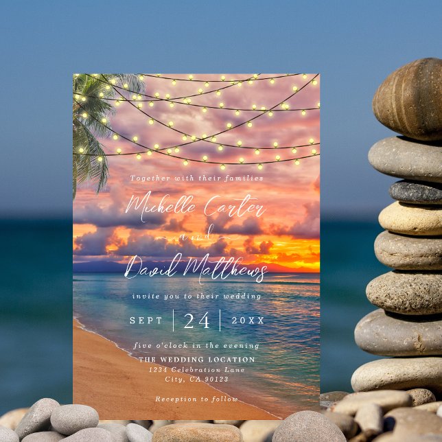 Sunset Beach String Lights Wedding Invitation (Creator Uploaded)