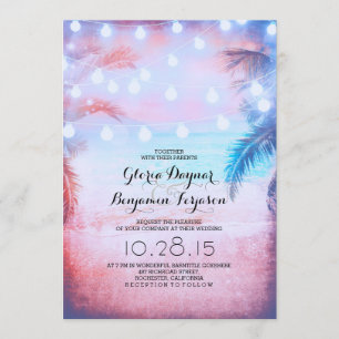 Sunset Beach & String Lights Wedding Invitation