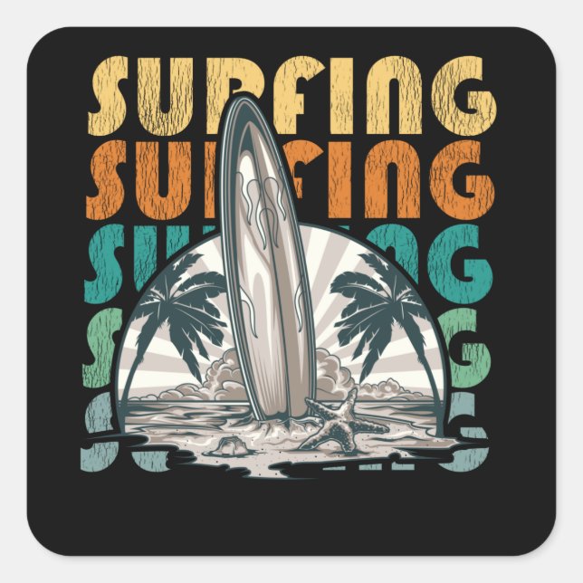  Sunset Beach Surfing, Vintage Surfboard Surface Square Sticker (Front)