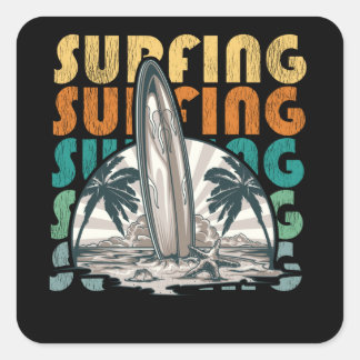 Sunset Beach Surfing, Vintage Surfboard Surface Square Sticker