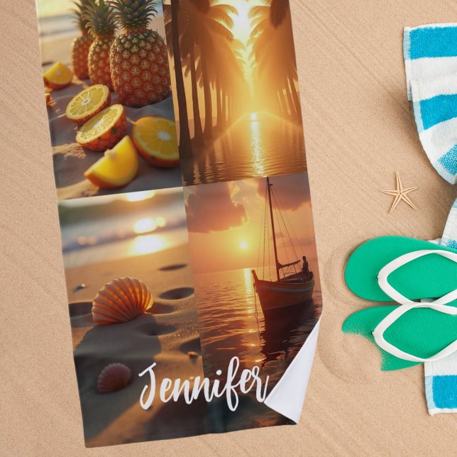 Sunset beach tropical ocean photo collage towel (Creator Uploaded)