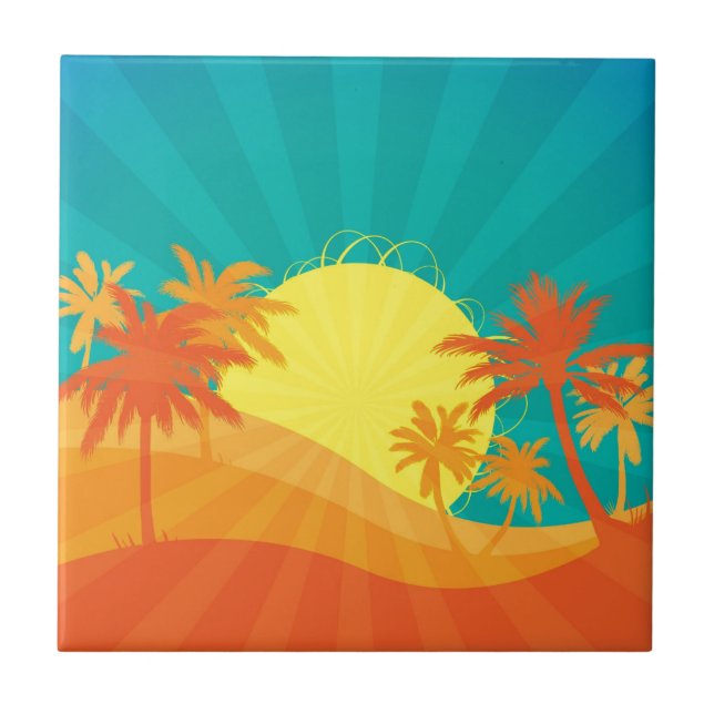 Sunset Beach tropical retro surf design Ceramic Tile (Front)