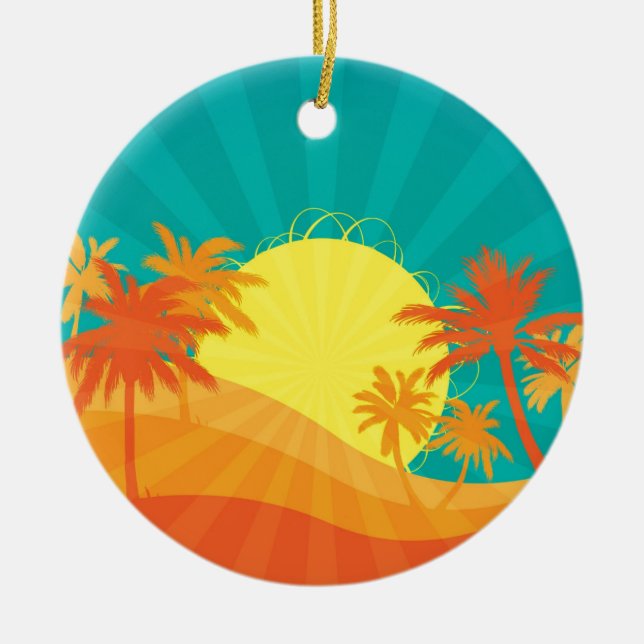 Sunset Beach tropical retro surf design Ceramic Tree Decoration (Front)