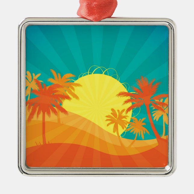 Sunset Beach tropical retro surf design Metal Ornament (Front)