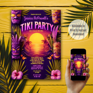 Sunset Beach Tropical Tiki Luau Birthday Party Invitation