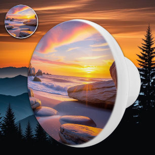 Sunset Beach View from Rocky Shore Ceramic Knob