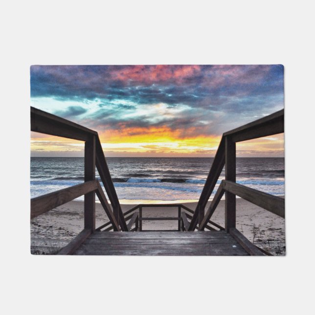 Sunset Beach View from Rustic Wood Deck Doormat (Front)