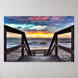 Sunset Beach View from Rustic Wood Deck Poster