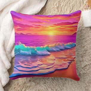 Sunset Beach Waves Design Cushion
