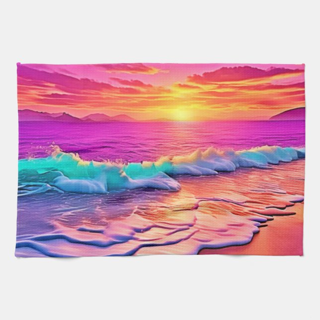 Sunset Beach Waves Design Tea Towel (Horizontal)