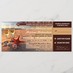 Sunset beach wedding boarding pass invitations