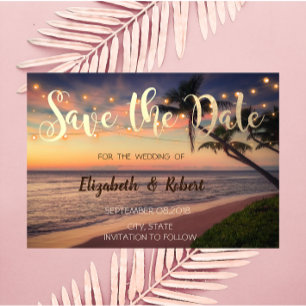 Sunset Beach Wedding, Palms, Lights Save The Date