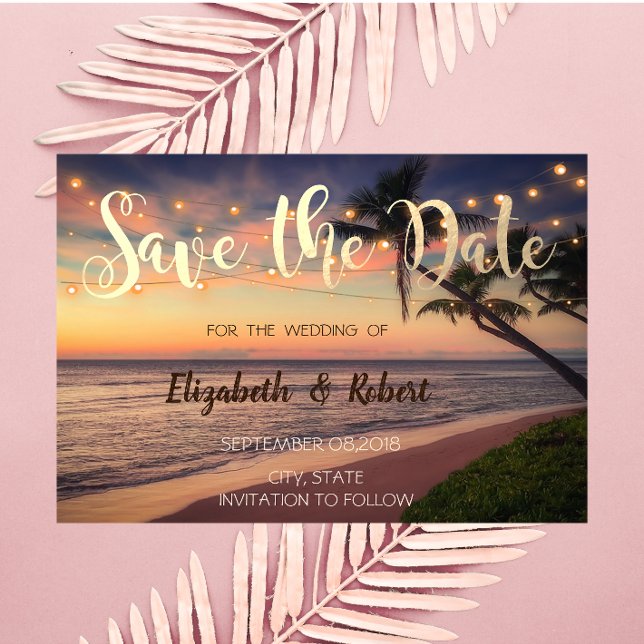 Sunset Beach Wedding, Palms, Lights  Save The Date (Creator Uploaded)