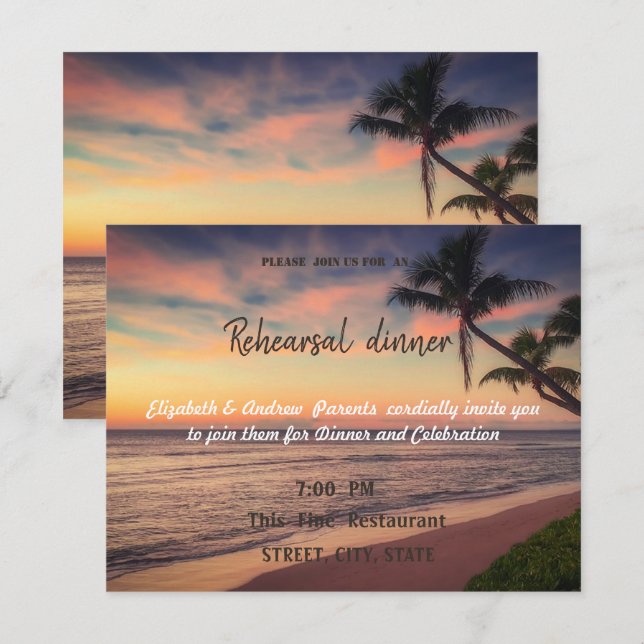 Sunset Beach Wedding, Palms  Rehearsal Dinner Invitation (Front/Back)