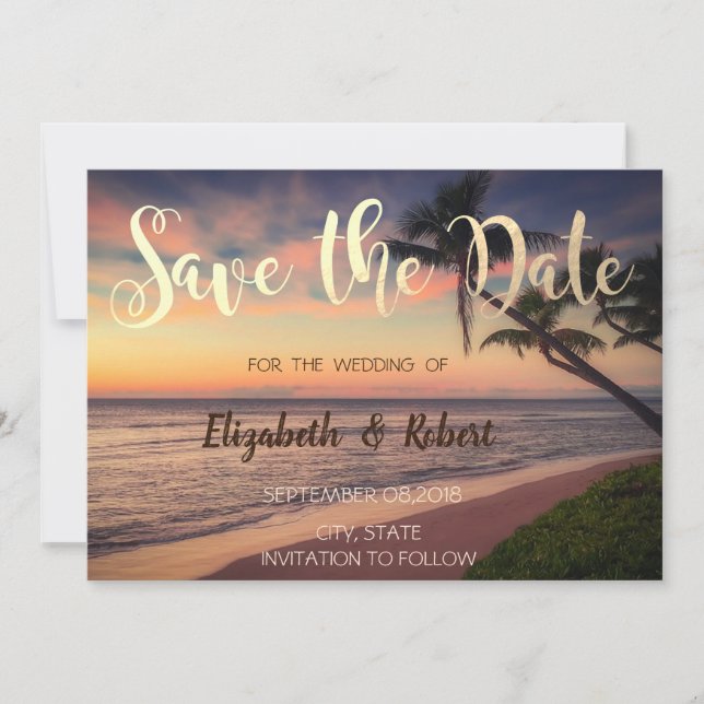 Sunset Beach Wedding, Palms  Save The Date (Front)