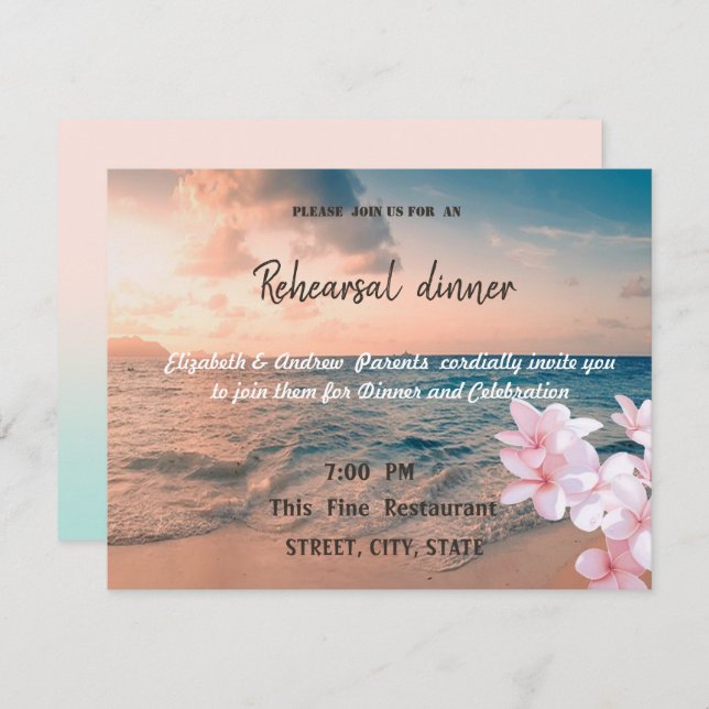 Sunset Beach Wedding, Plumeria  Rehearsal Dinner Invitation (Front/Back)