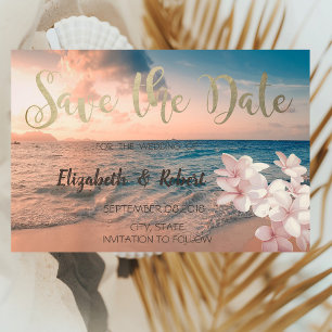 Sunset Beach Wedding, Plumeria Save The Date