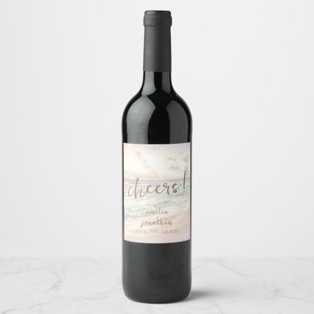 Sunset Beach Wedding Wine Label (Front)
