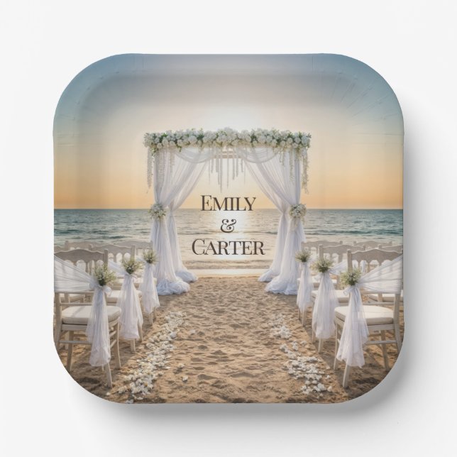 Sunset Beach Wedding With Bridal Arch Paper Plate (Front)