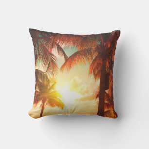 Sunset beach with palm trees and beautiful sky lan cushion
