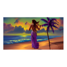 Sunset Beach woman blue sea flowing purple sun