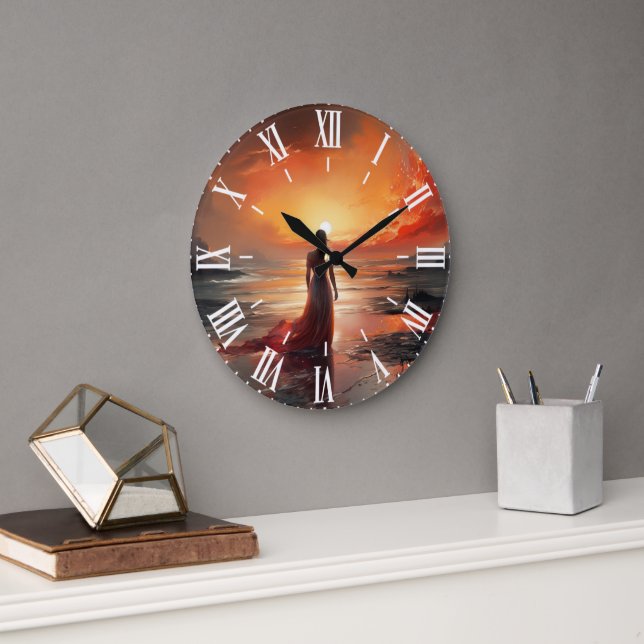 Sunset Beach Woman Wall Clock Art (Office)