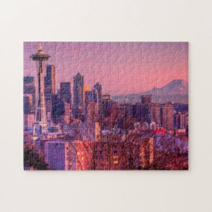 Sunset behind Seattle skyline from Kerry Park. Jigsaw Puzzle