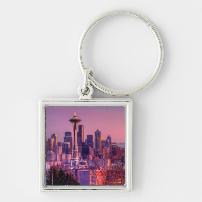 Sunset behind Seattle skyline from Kerry Park. Key Ring (Front)