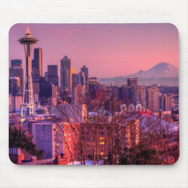 Sunset behind Seattle skyline from Kerry Park. Mouse Pad (Front)
