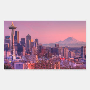 Sunset behind Seattle skyline from Kerry Park. Rectangular Sticker