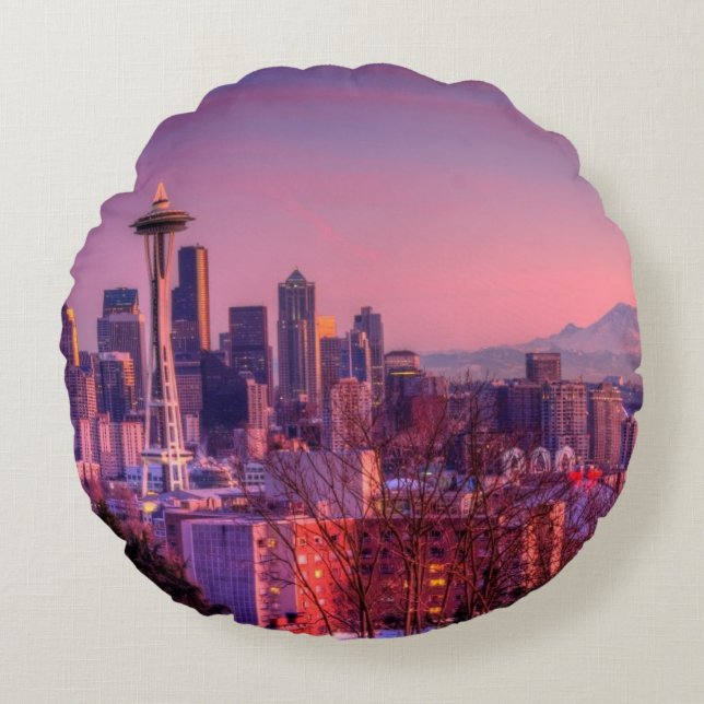 Sunset behind Seattle skyline from Kerry Park. Round Cushion (Front)