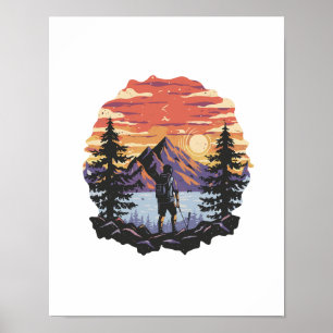 Sunset behind trees and mountains poster