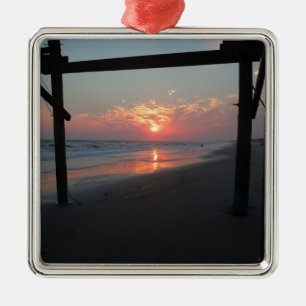 Sunset Beneath The Pier - Oak Island, NC Metal Tree Decoration