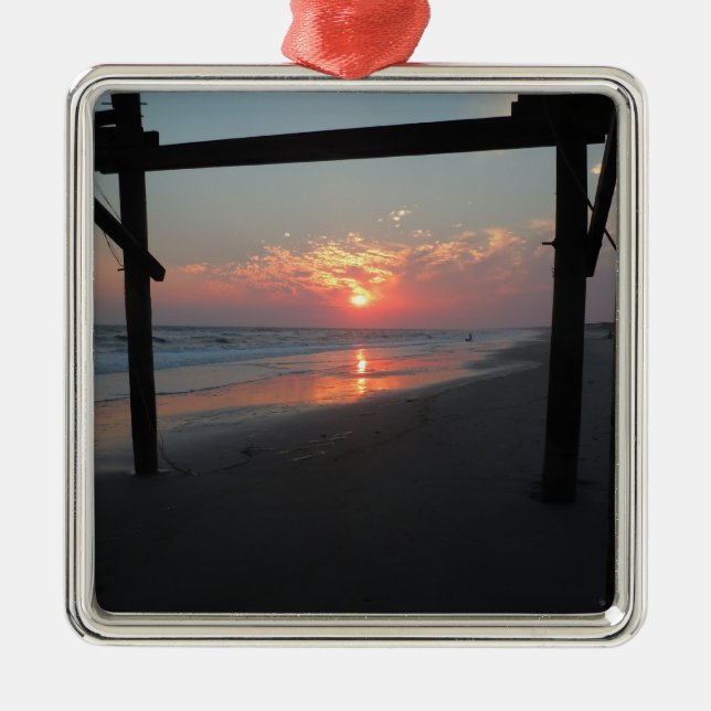 Sunset Beneath The Pier - Oak Island, NC Metal Tree Decoration (Front)