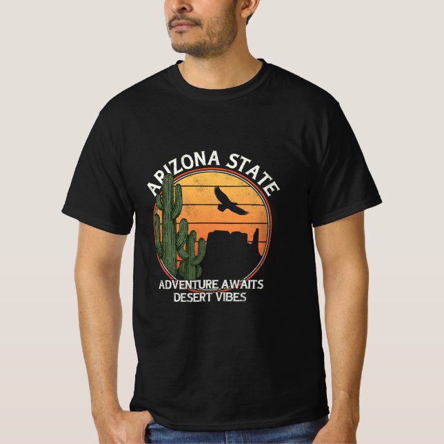 Sunset Bird Desert Vibes Arizona Mountain Cactus T-Shirt (Front)