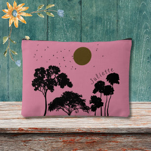 Sunset birds tree silhouettes custom name accessory pouch