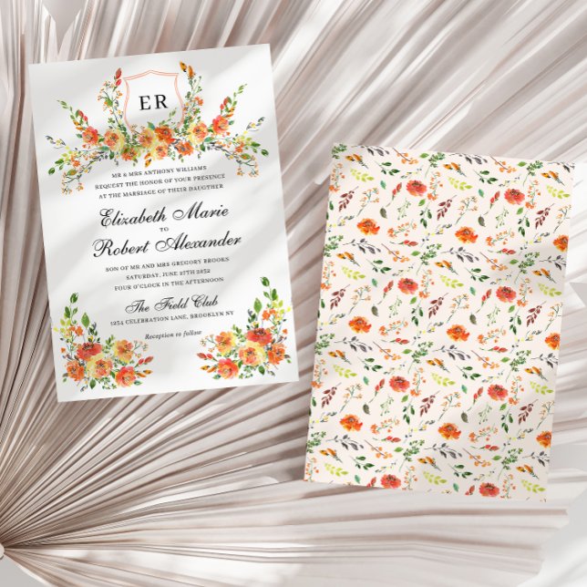 Sunset Bloom Monogram Floral Crest Wedding Invitation (Creator Uploaded)