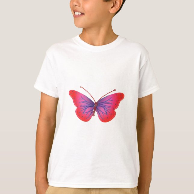 "Sunset Bloom" Red and Purple Butterfly Art Print T-Shirt (Front)