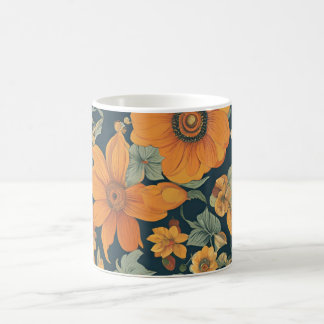 Sunset Blooms: Vintage 70's Orange Floral Coffee Mug