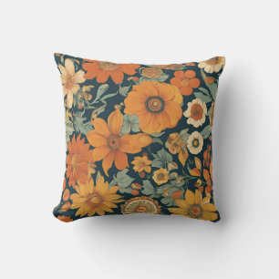 Sunset Blooms: Vintage 70's Orange Floral Cushion