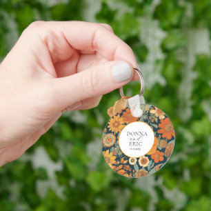 Sunset Blooms: Vintage 70's Orange Floral Wedding Key Ring