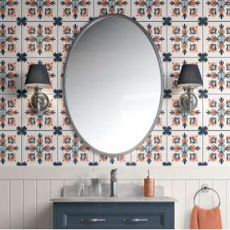 Sunset Blossom - Coral, Navy, White - Traditional Wallpaper