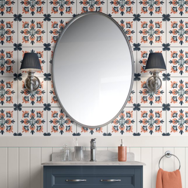 Sunset Blossom - Coral, Navy, White - Traditional Wallpaper (Coral Flourish Peel and Stick Wallpaper )