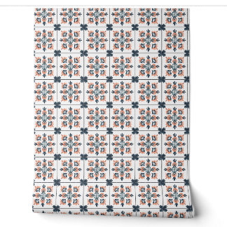 Sunset Blossom Petite - Coral, Navy, White Wallpaper