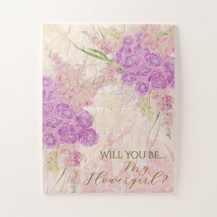Sunset Blush Blush Bow  Rose Bouquet-Flower Girl Jigsaw Puzzle