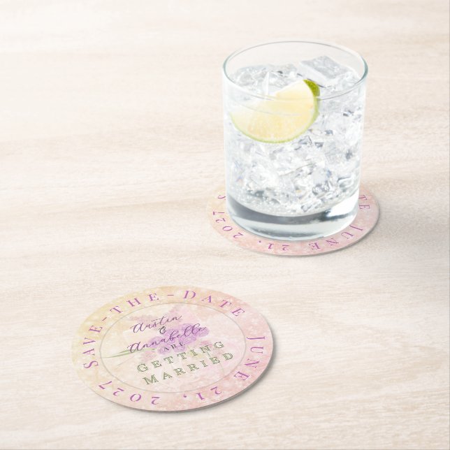 Sunset Blush Bow Bouquet Save-the-Date  Round Paper Coaster (Insitu)
