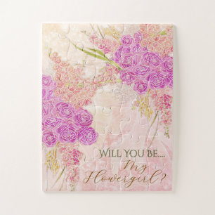 Sunset Blush Bow Bright Rose Bouquet-Flower Girl Jigsaw Puzzle