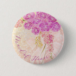 Sunset Blush Bow Bright Rose Bouquet Maid-of-Honor 6 Cm Round Badge
