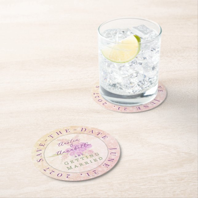 Sunset Blush Bow Bright Rose Save-The-Date Round Paper Coaster (Insitu)