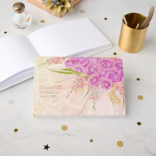 Sunset Blush Sheer bow Bright rose Bouquet Guest Book